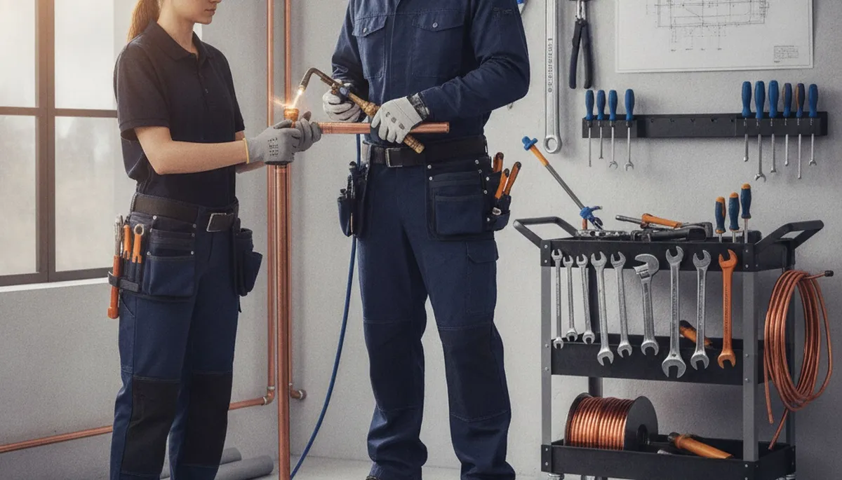 Plumbing repair technician inspecting pipes in Modesto, CA for leak and pressure issues