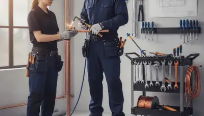 Plumbing repair technician inspecting pipes in Modesto, CA for leak and pressure issues