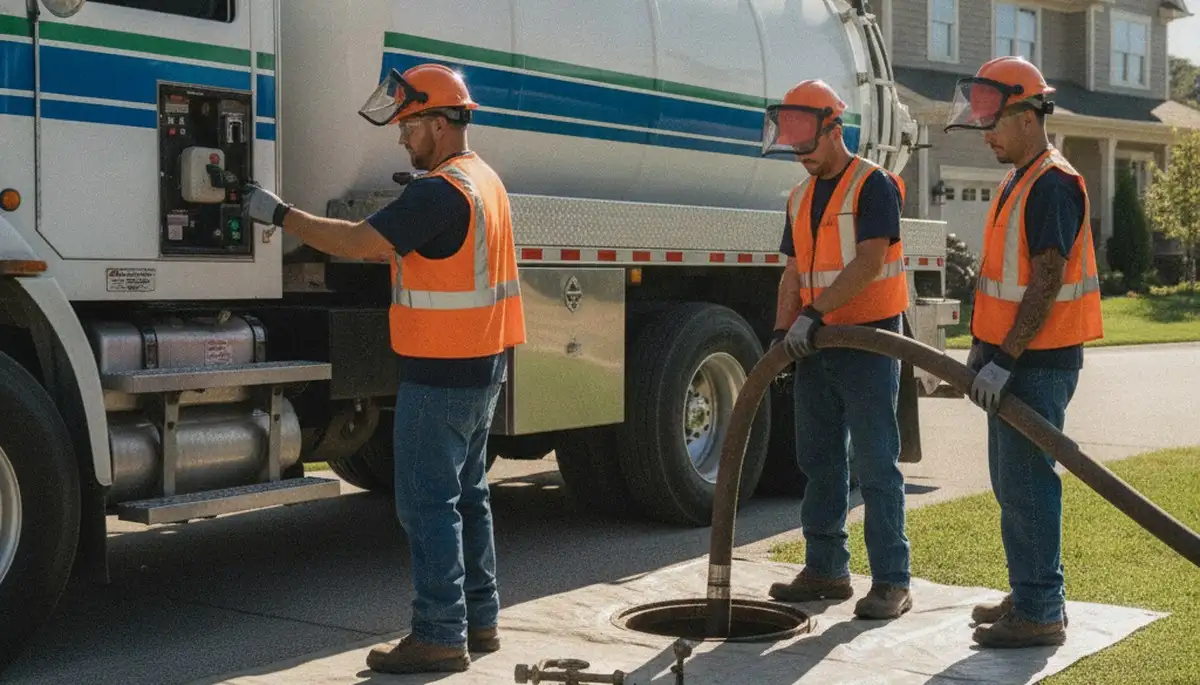 Septic pumping truck serving Modesto, CA home for fast plumbing repair and maintenance