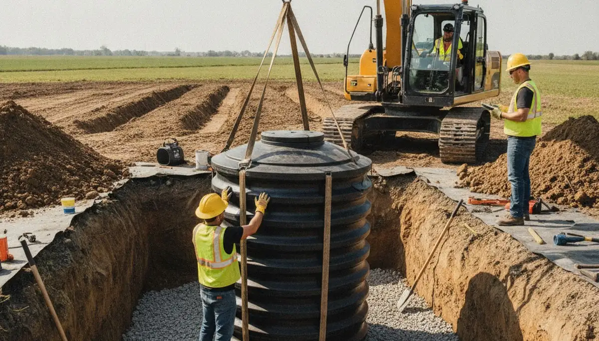 Septic tank installation crew serving Modesto, CA homes on a residential plumbing job
